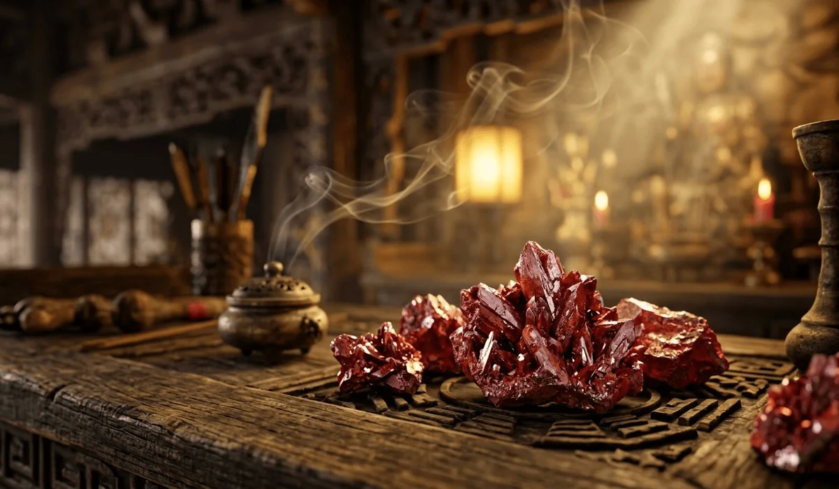 Cinnabar Meaning and Benefits: Spiritual Protection in the Taoist Tradition - Buddha Bodhis Raw red cinnabar mineral on a Taoist altar representing spiritual protection and Yang energy.