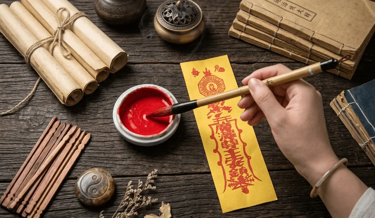 Cinnabar Meaning and Benefits: Spiritual Protection in the Taoist Tradition 1 - Buddha Bodhis Taoist talisman being written with red cinnabar ink for warding off evil spirits.