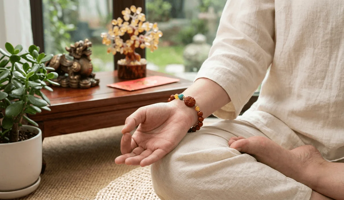Cinnabar Meaning and Benefits: Spiritual Protection in the Taoist Tradition 2 - Buddha Bodhis Cinnabar beaded bracelet worn on the hand for Feng Shui wealth and emotional balance.