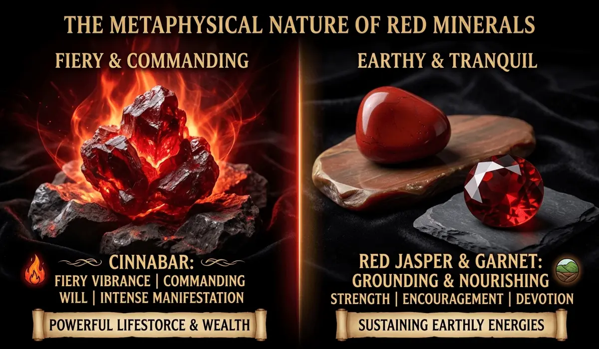 Cinnabar Meaning and Benefits: Spiritual Protection in the Taoist Tradition 4 - Buddha Bodhis Visual comparison between Cinnabar, Red Jasper, and Garnet protection stones.
