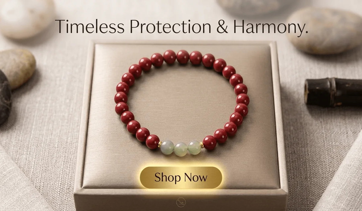 Cinnabar Meaning and Benefits: Spiritual Protection in the Taoist Tradition 3 - Buddha Bodhis Cinnabar and jade protection bracelet with Shop Now button.