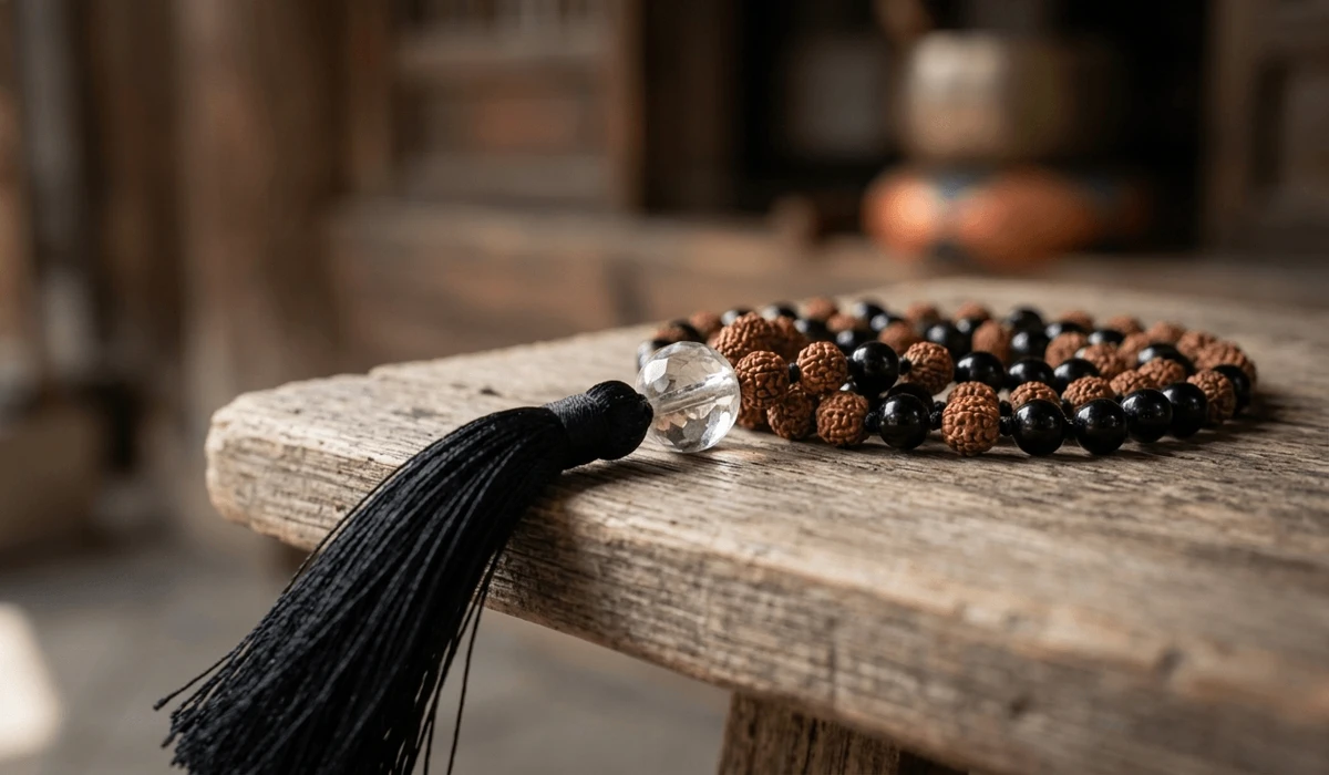How to Wear and Care for Your Mala Necklace for Spiritual Protection - Buddha Bodhis Close-up of a 108-bead protection mala necklace featuring a crystal guru bead and silk tassel for spiritual meditation.