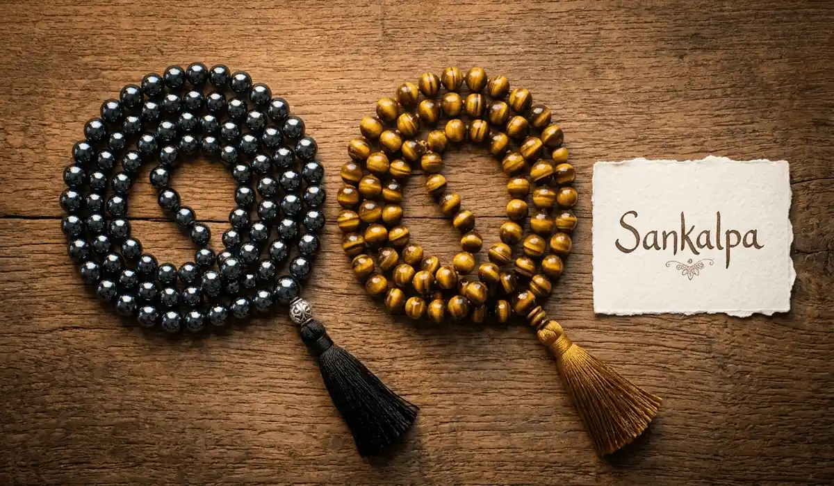How to Wear and Care for Your Mala Necklace for Spiritual Protection 3 - Buddha Bodhis Comparison of Black Obsidian and Tiger's Eye mala necklaces used for grounding and setting protective intentions.