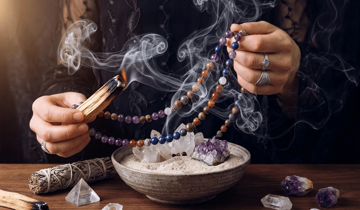 How to Wear and Care for Your Mala Necklace for Spiritual Protection 4 - Buddha Bodhis Cleansing a gemstone mala necklace with sacred smoke to remove negative energy and recharge its spiritual properties.