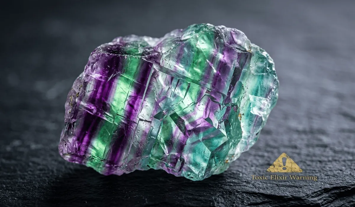 Is Fluorite Water-Safe? How to Clean and Cleanse Your Crystals Safely - Buddha Bodhis Close-up of Rainbow Fluorite crystal on a dry surface with a warning symbol highlighting its water toxicity and physical fragility.