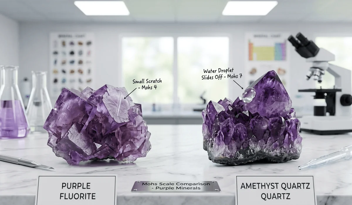 Is Fluorite Water-Safe? How to Clean and Cleanse Your Crystals Safely 3 - Buddha Bodhis Side-by-side comparison of Fluorite and Amethyst showing differences in mineral hardness and texture.
