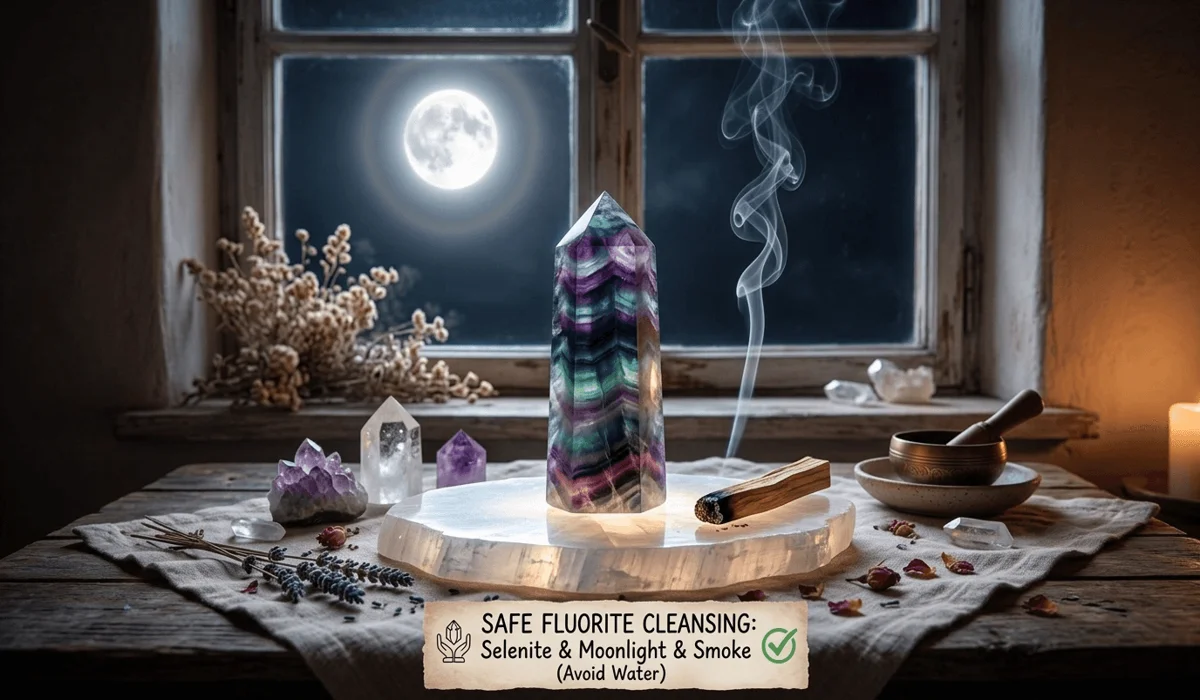 Is Fluorite Water-Safe? How to Clean and Cleanse Your Crystals Safely 4 - Buddha Bodhis Safe crystal cleansing methods for Fluorite using a Selenite plate, Palo Santo smoke, and moonlight instead of water.