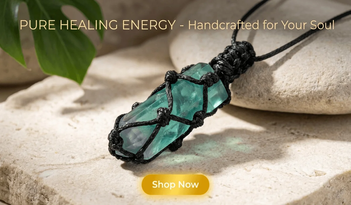 Is Fluorite Water-Safe? How to Clean and Cleanse Your Crystals Safely 2 - Buddha Bodhis Handcrafted natural fluorite crystal point wrapped pendant necklace on a zen background with a Shop Now button, ideal for healing jewelry and boho fashion blogs.