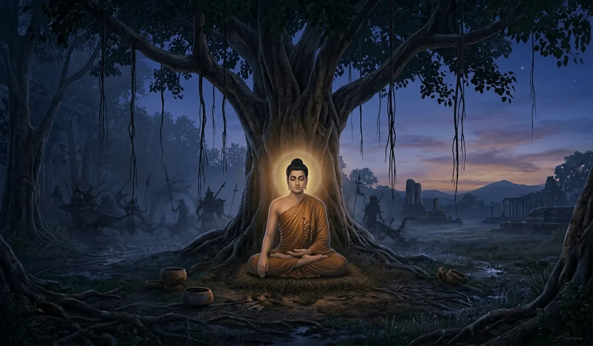 A Guide to Buddha Hand Gestures: The Meaning of Sacred Mudras - Buddha Bodhis Siddhartha Gautama performing the Bhumisparsha Mudra under the Bodhi tree to witness his enlightenment.