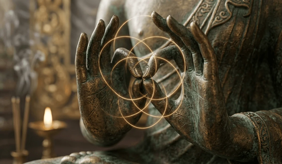 A Guide to Buddha Hand Gestures: The Meaning of Sacred Mudras 1 - Buddha Bodhis Close-up of Buddha statue hands in Dharmachakra Mudra symbolizing the Wheel of Dharma and spiritual energy flow.