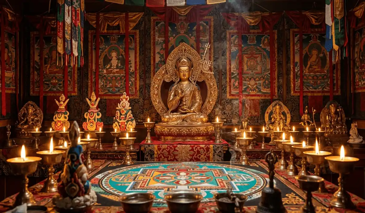 A Guide to Buddha Hand Gestures: The Meaning of Sacred Mudras 2 - Buddha Bodhis Intricate Tibetan Vajrayana altar with a golden Buddha statue performing a sacred tantric mudra.