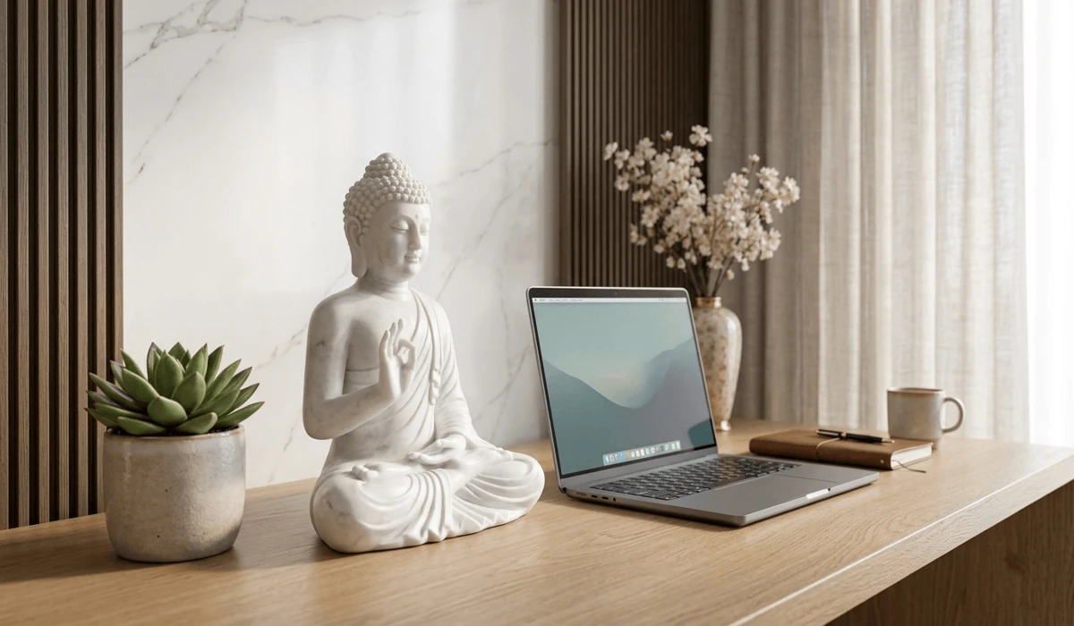 A Guide to Buddha Hand Gestures: The Meaning of Sacred Mudras 4 - Buddha Bodhis Modern home office desk featuring a white Buddha statue in Abhaya Mudra as a mindfulness anchor for stress relief.