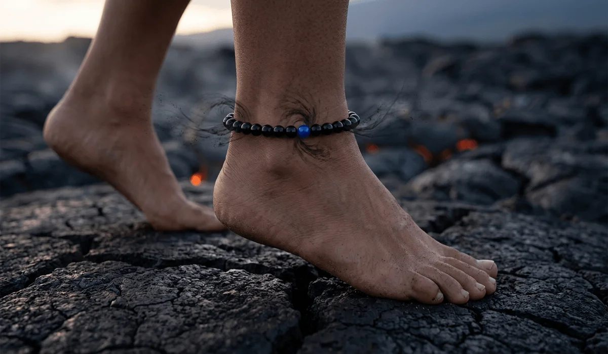 The Spiritual Benefits and Healing Properties of Wearing a Black Obsidian Anklet - Buddha Bodhis A close-up of a black obsidian anklet worn on an ankle, showcasing its volcanic glass texture and grounding spiritual properties.