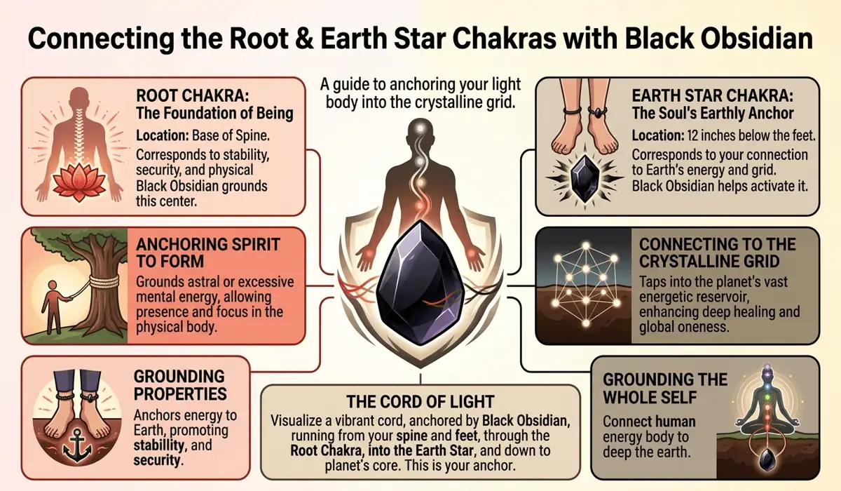 The Spiritual Benefits and Healing Properties of Wearing a Black Obsidian Anklet 1 - Buddha Bodhis Infographic-style illustration showing how a black obsidian anklet aligns the root chakra and connects the wearer to Earth's energy.
