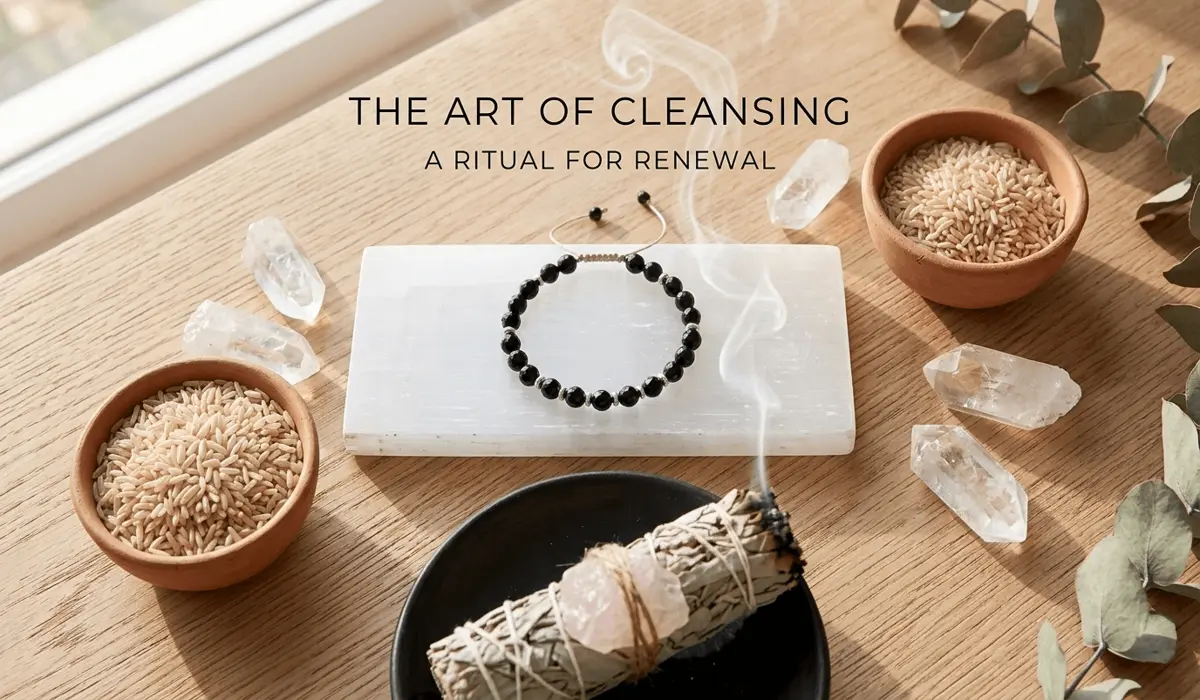 The Spiritual Benefits and Healing Properties of Wearing a Black Obsidian Anklet 4 - Buddha Bodhis A spiritual cleansing setup for a black obsidian anklet featuring selenite, sage smoke, and quartz crystals.