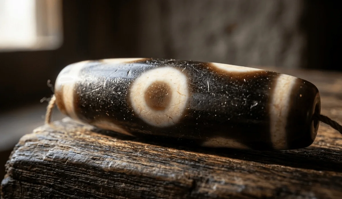 Dzi Bead Authenticity: How to Identify Natural vs. Acid-Etched Stones - Buddha Bodhis Authentic ancient Tibetan Dzi bead showing waxy surface texture and integrated patterns on weathered wood.