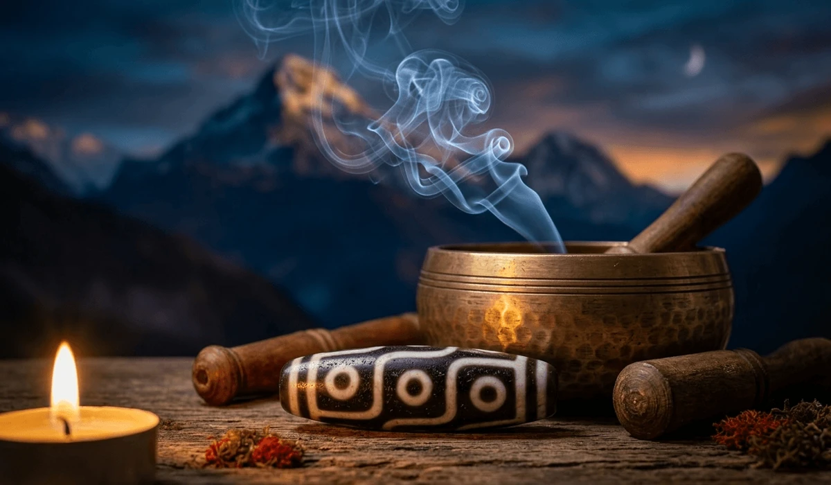 Dzi Bead Authenticity: How to Identify Natural vs. Acid-Etched Stones 1 - Buddha Bodhis Tibetan Dzi bead with 9-eye pattern next to a singing bowl and incense for spiritual protection.