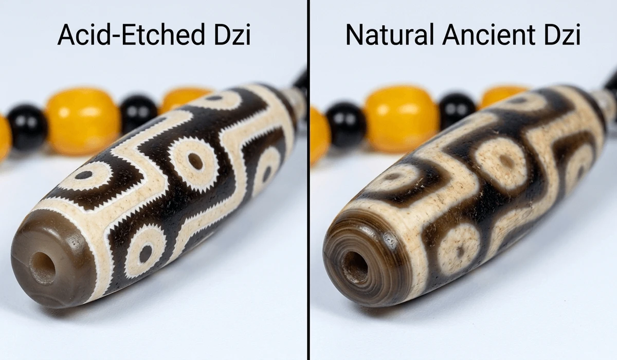 Dzi Bead Authenticity: How to Identify Natural vs. Acid-Etched Stones 2 - Buddha Bodhis Comparison between acid-etched imitation Dzi bead and natural ancient agate Dzi bead patterns.