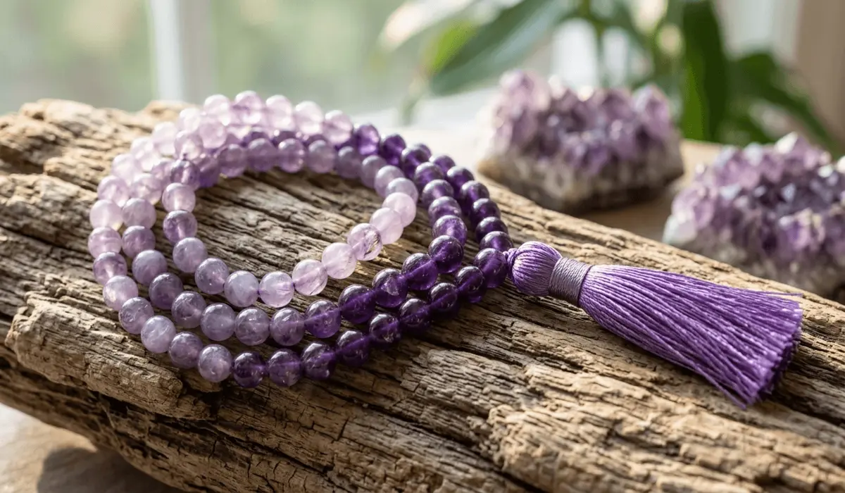 The Spiritual Meaning and Benefits of Amethyst Mala Beads - Buddha Bodhis A 108-bead natural Amethyst mala with violet quartz beads and a silk tassel on a rustic wooden background.