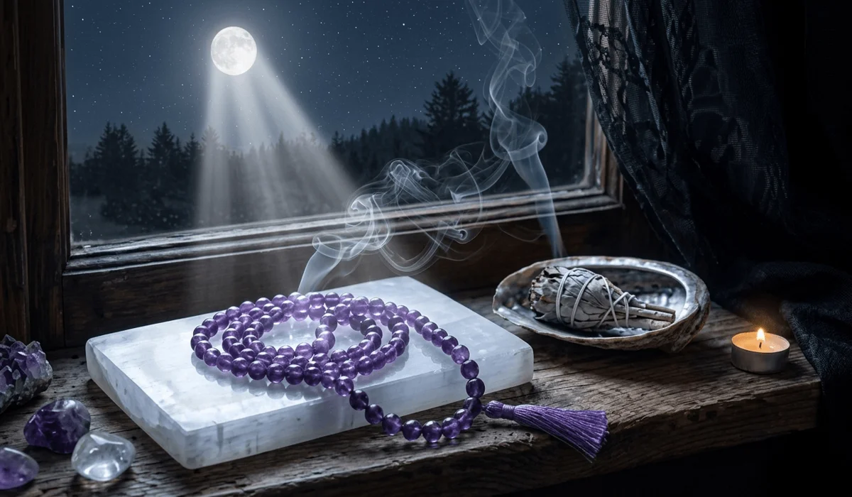 The Spiritual Meaning and Benefits of Amethyst Mala Beads 4 - Buddha Bodhis Charging Amethyst mala beads under full moonlight for vibrational energy cleansing and spiritual care.
