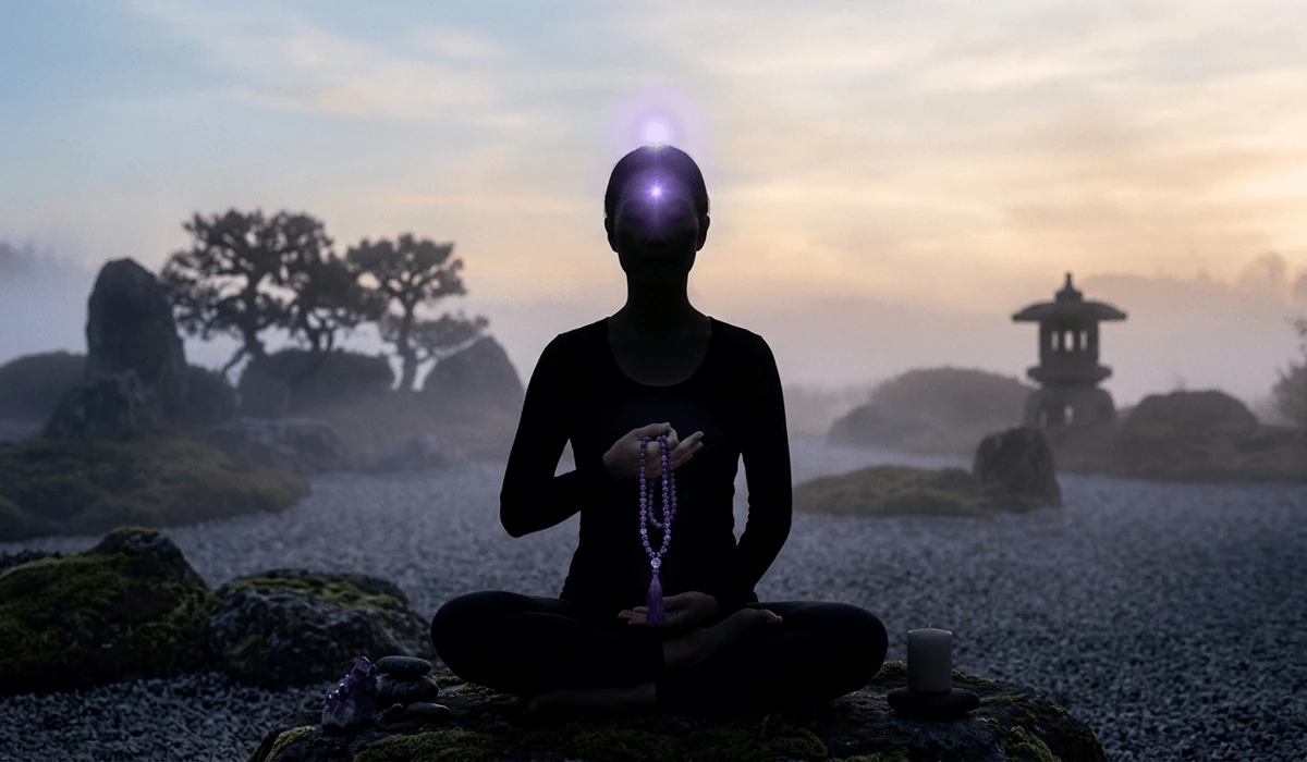The Spiritual Meaning and Benefits of Amethyst Mala Beads 1 - Buddha Bodhis Spiritual illustration of Amethyst mala beads aligning with the Third Eye and Crown Chakras during meditation.