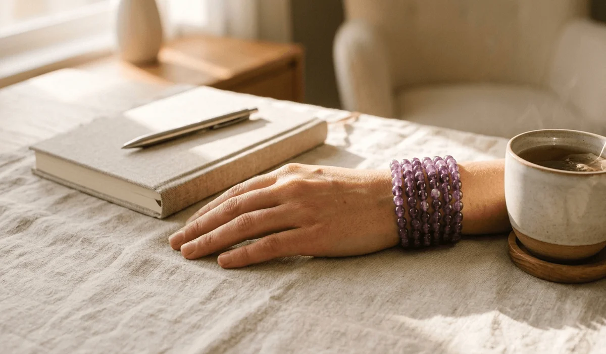 The Spiritual Meaning and Benefits of Amethyst Mala Beads 3 - Buddha Bodhis Amethyst mala beads worn as a wrist bracelet for daily emotional balance and mindfulness.