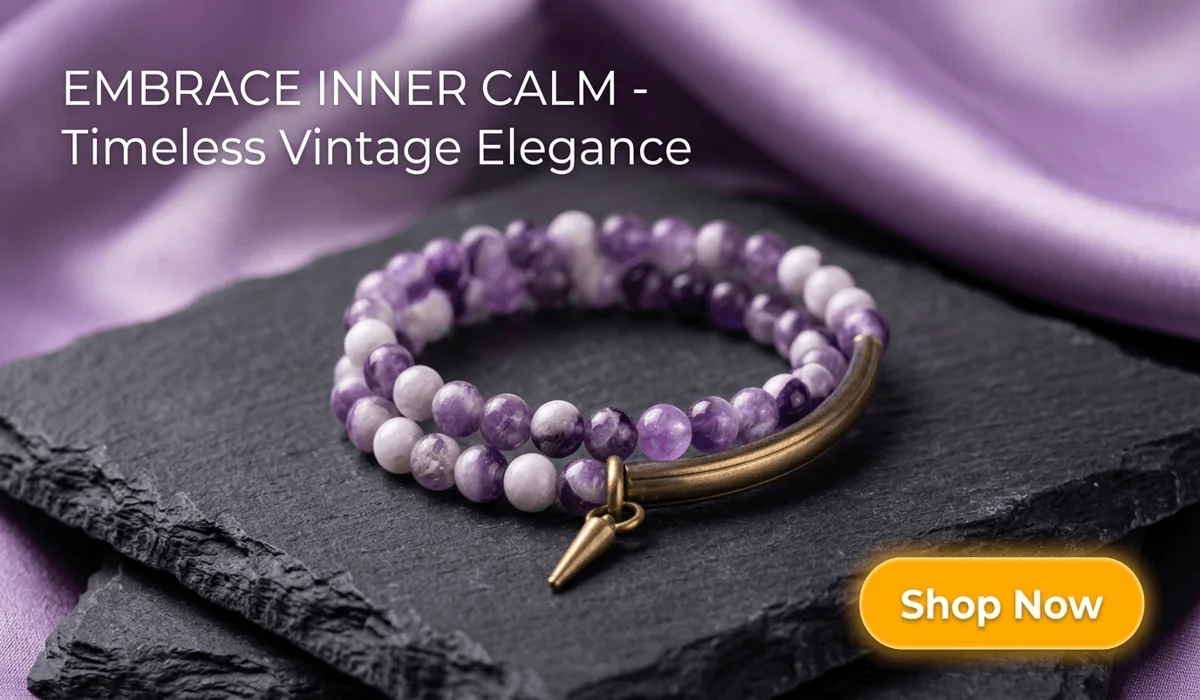 The Spiritual Meaning and Benefits of Amethyst Mala Beads 2 - Buddha Bodhis Amethyst Double-Wrap Bracelet with Vintage Brass Charm on dark stone background - Tranquil and Elegant Jewelry for Wellness and Style
