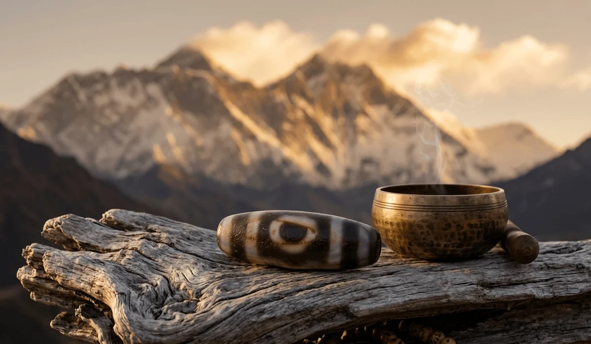 The Meaning and Spiritual Significance of the 3-Eye Dzi Bead - Buddha Bodhis A close-up of an authentic 3-eye Tibetan Dzi bead on driftwood with the Himalayan mountains in the background, symbolizing its sacred origin.