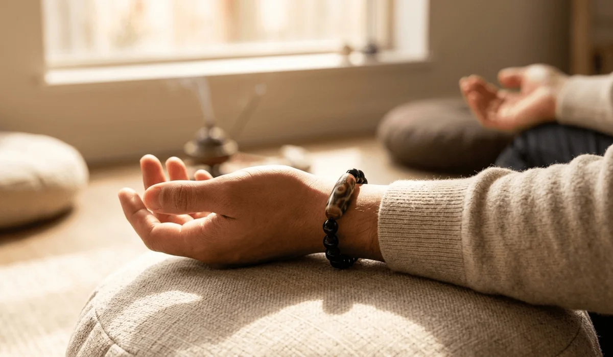 The Meaning and Spiritual Significance of the 3-Eye Dzi Bead 3 - Buddha Bodhis A person wearing a 3-eye Dzi bead bracelet on their left hand during meditation, demonstrating the receptive energy practice.