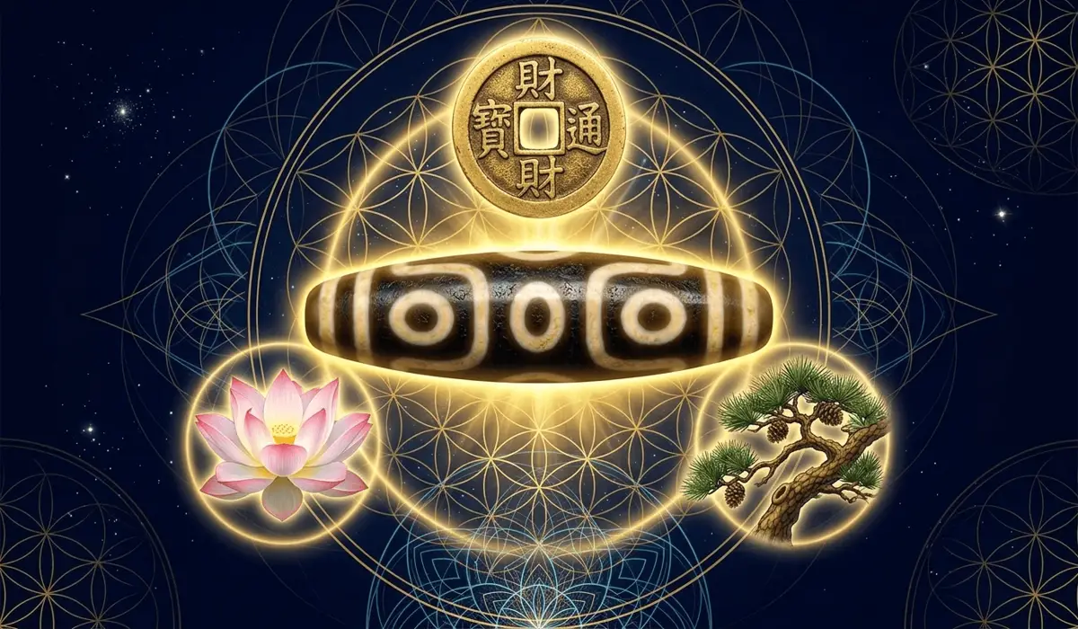 The Meaning and Spiritual Significance of the 3-Eye Dzi Bead 1 - Buddha Bodhis Conceptual art of a 3-eye Dzi bead surrounded by symbols of wealth, happiness, and longevity, representing the Triple Blessings.