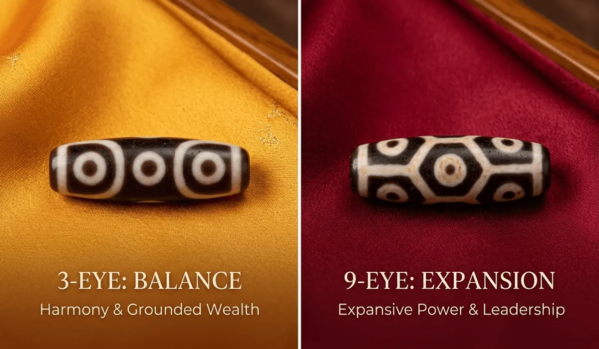 The Meaning and Spiritual Significance of the 3-Eye Dzi Bead 4 - Buddha Bodhis A comparison between a 3-eye Dzi bead and a 9-eye Dzi bead, highlighting their different spiritual focuses on balance versus expansion.