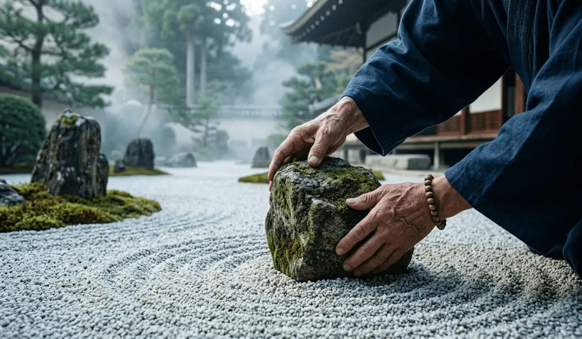 The Meaning and Mindful Benefits of Desktop Zen Gardens - Buddha Bodhis A 14th-century Japanese monk practicing the art of stone placement in a traditional Zen dry landscape garden.