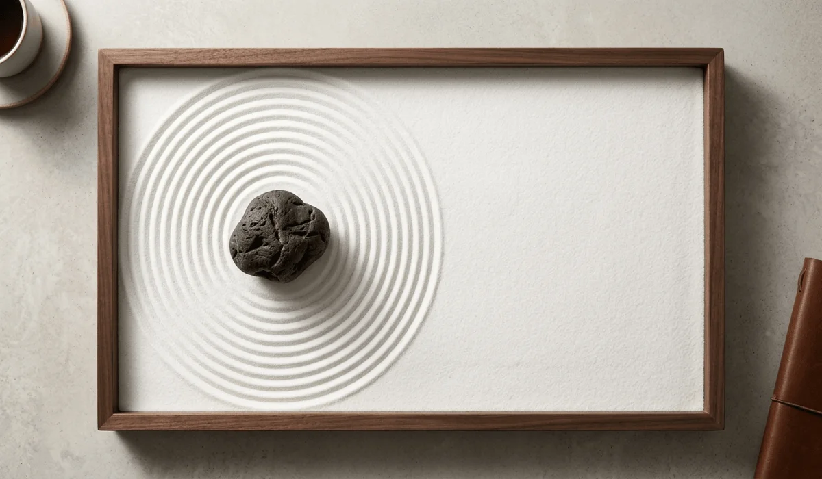 The Meaning and Mindful Benefits of Desktop Zen Gardens 1 - Buddha Bodhis A minimalist desktop Zen garden illustrating the concept of Ma (negative space) and Wabi-Sabi through sand ripples and a single stone.