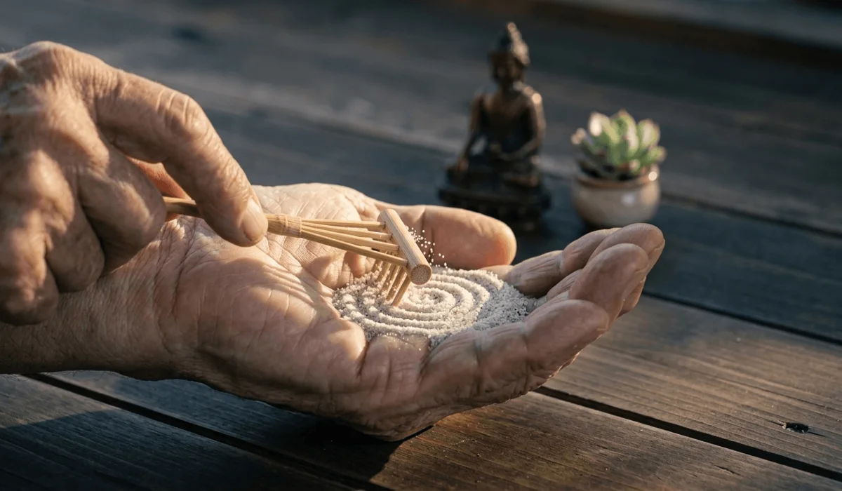 The Meaning and Mindful Benefits of Desktop Zen Gardens 3 - Buddha Bodhis Close-up of a hand performing the ritual of raking sand in a mini Zen garden to induce a state of flow and mindfulness.