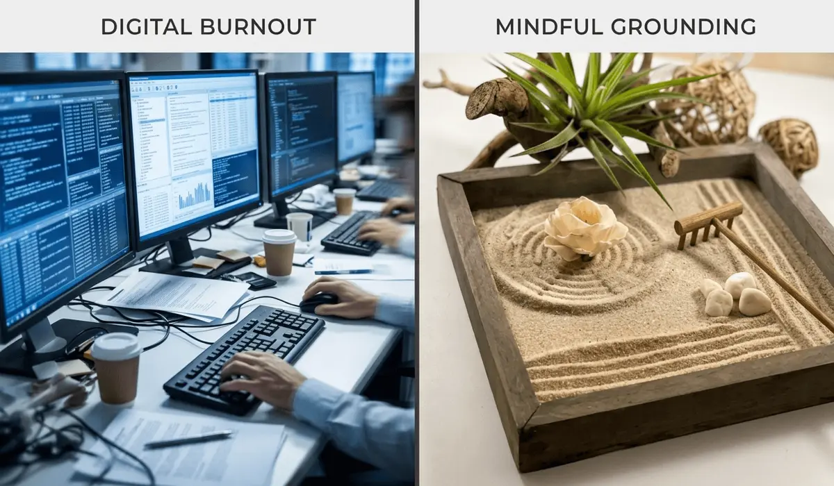 The Meaning and Mindful Benefits of Desktop Zen Gardens 2 - Buddha Bodhis A visual contrast between a stressful digital workspace and the calming presence of a desktop Zen garden sanctuary.