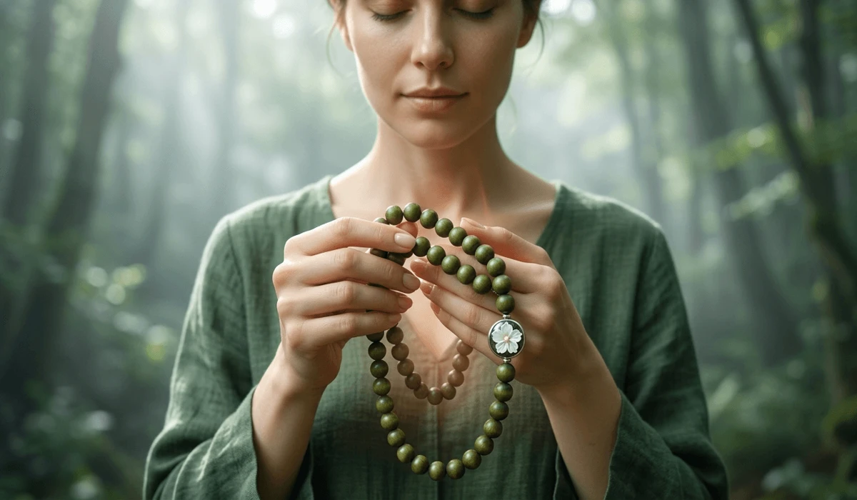 The Living Wood: Understanding Why Green Sandalwood Changes Color 1 - Buddha Bodhis A person meditating with a green sandalwood mala bracelet, emphasizing its spiritual and grounding energy.