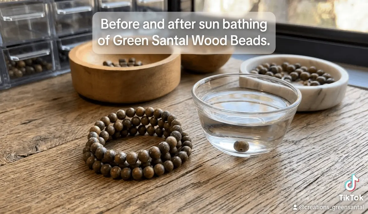 The Living Wood: Understanding Why Green Sandalwood Changes Color 3 - Buddha Bodhis Authenticity test for green sandalwood showing the sinking bead and the natural wood patina.