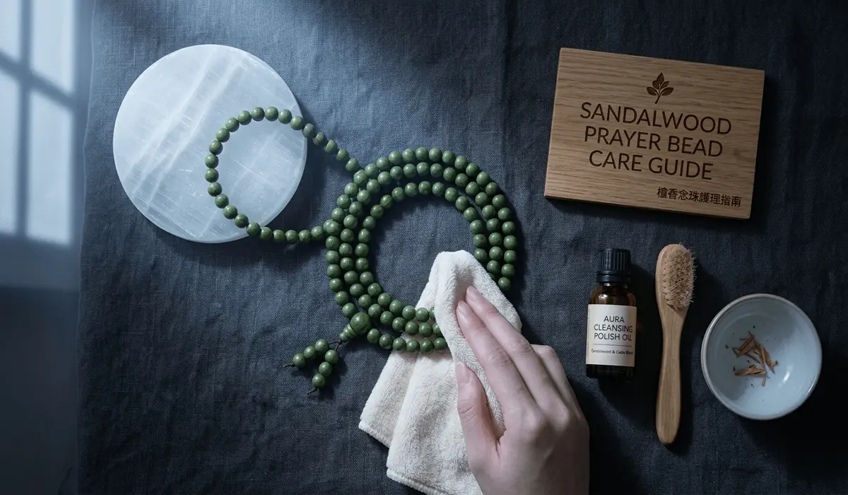 The Living Wood: Understanding Why Green Sandalwood Changes Color 4 - Buddha Bodhis Caring for green sandalwood jewelry by polishing with a soft cloth and cleansing with a selenite plate.