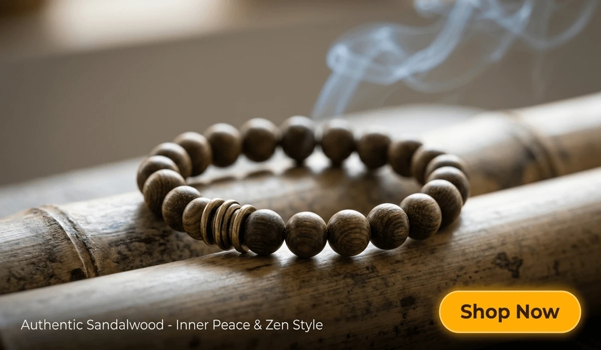 The Living Wood: Understanding Why Green Sandalwood Changes Color 2 - Buddha Bodhis Natural Sandalwood Bead Bracelet for meditation and Zen style, featuring a Shop Now button for high-end spiritual jewelry.