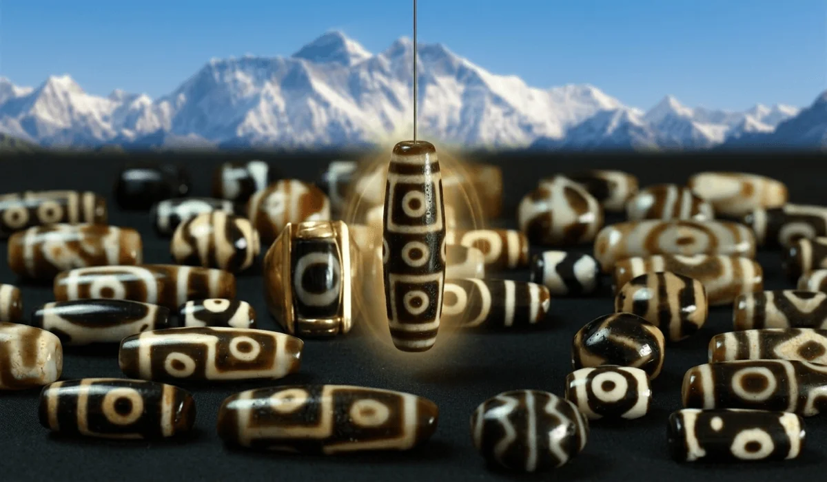 Which Hand to Wear a Dzi Bead Bracelet? Traditional Rules and Etiquette 1 - Buddha Bodhis A symbolic representation of Dzi bead spiritual grounding against the backdrop of the Himalayan mountains.