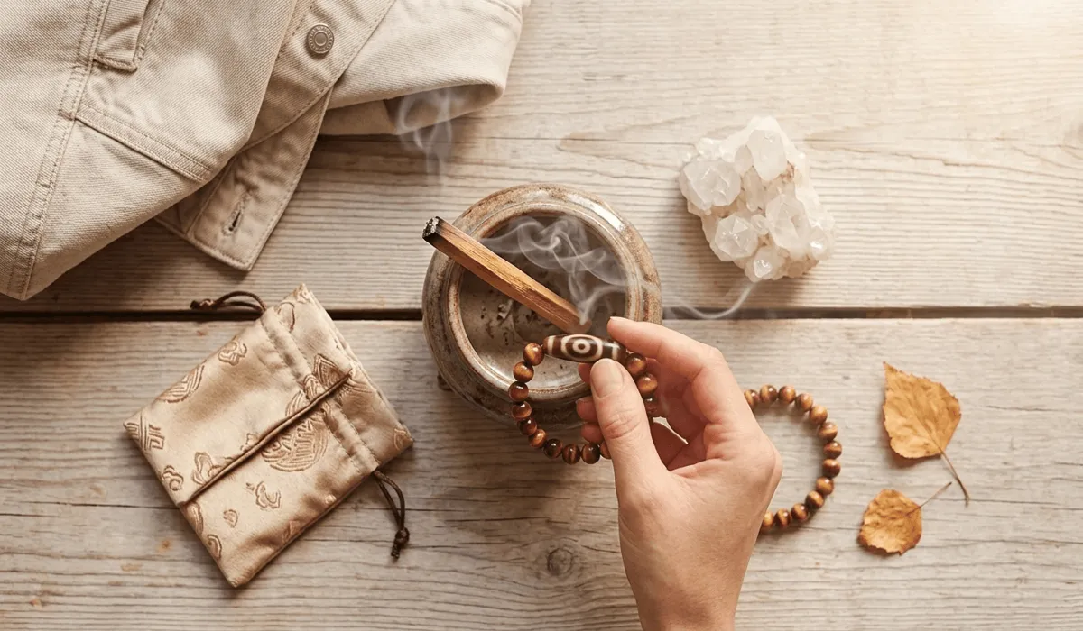 Which Hand to Wear a Dzi Bead Bracelet? Traditional Rules and Etiquette 4 - Buddha Bodhis Cleansing a sacred Dzi bead with sandalwood incense smoke to purify its spiritual energy field.