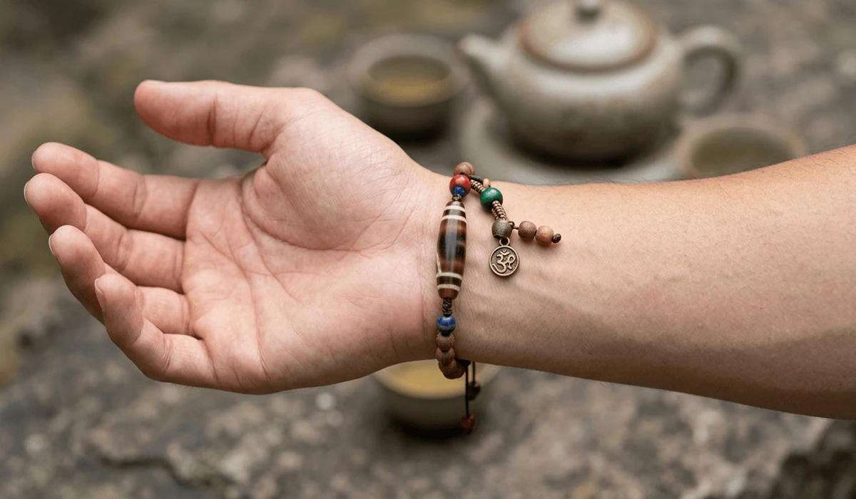 Which Hand to Wear a Dzi Bead Bracelet? Traditional Rules and Etiquette 3 - Buddha Bodhis Close-up of a Dzi bead bracelet worn on the left wrist to represent the receiving energy hand and pulse point placement.