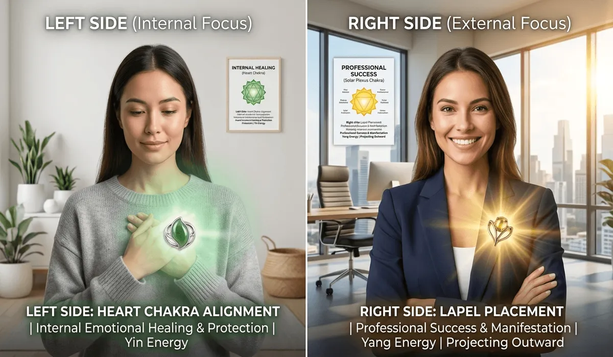 The Spiritual Meaning of a Broken Brooch: Understanding the Symbolic Message 3 - Buddha Bodhis Comparison of wearing a brooch on the left side for emotional healing versus the right side for career and external energy alignment.