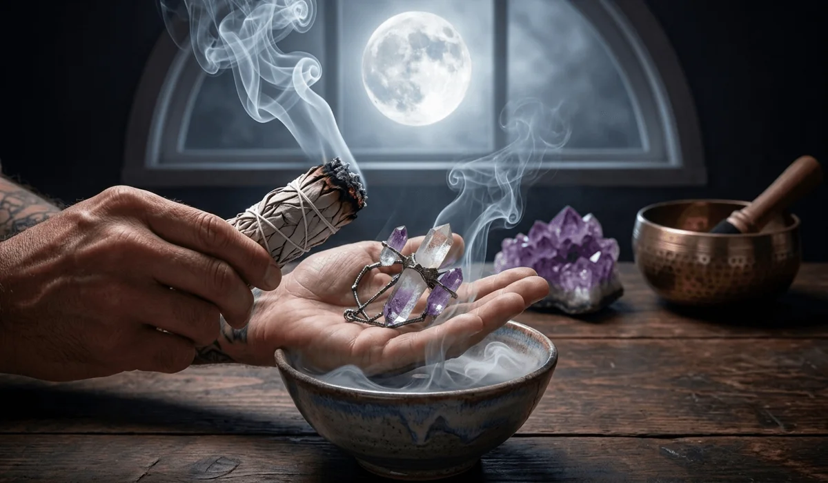 The Spiritual Meaning of a Broken Brooch: Understanding the Symbolic Message 5 - Buddha Bodhis A spiritual cleansing ritual featuring a broken brooch being purified with sage smoke under moonlight to clear negative energy.