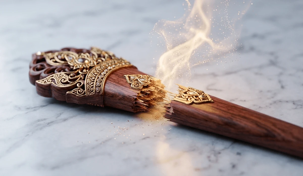 The Spiritual Significance of a Broken Hairpin: Messages of Release and Energy Shifts - Buddha Bodhis An ornate wooden hairpin snapped in half on marble, emitting a glowing golden energy to symbolize spiritual release and energy shifts.