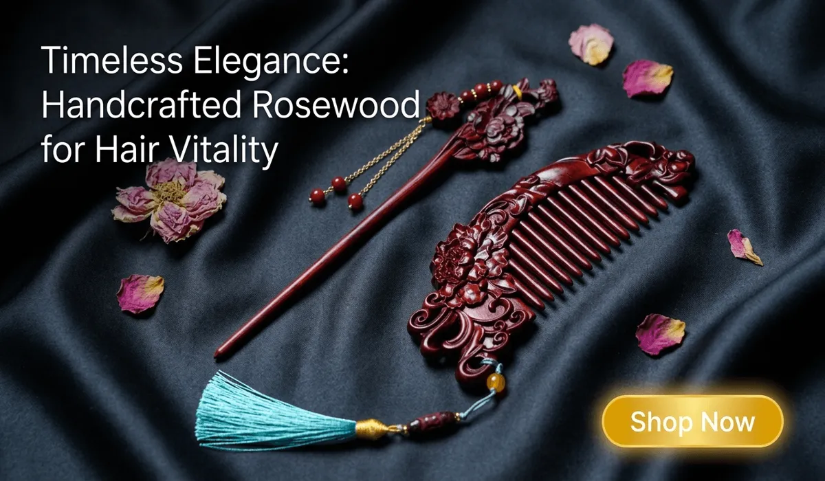 The Spiritual Significance of a Broken Hairpin: Messages of Release and Energy Shifts 2 - Buddha Bodhis Hand-carved rosewood hairpin and comb gift set with peony carvings on dark silk background, featuring a 'Shop Now' button for hair health products.