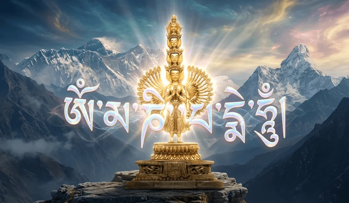 The Spiritual Meaning of Om Mani Padme Hum: A Syllable-by-Syllable Guide - Buddha Bodhis The Bodhisattva Avalokiteshvara with a thousand arms and the glowing Tibetan mantra Om Mani Padme Hum against a Himalayan background.