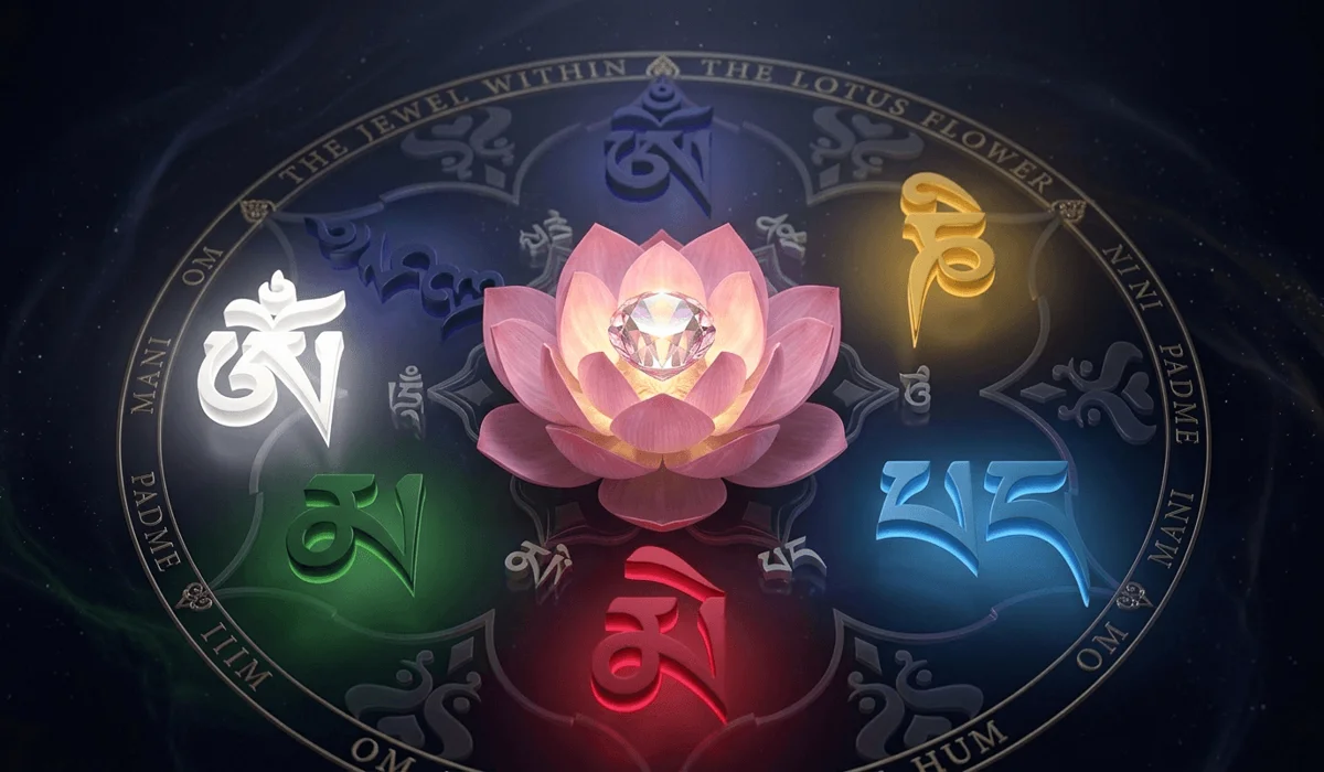 The Spiritual Meaning of Om Mani Padme Hum: A Syllable-by-Syllable Guide 1 - Buddha Bodhis A visual representation of the six colored syllables of Om Mani Padme Hum surrounding a jewel inside a lotus flower.