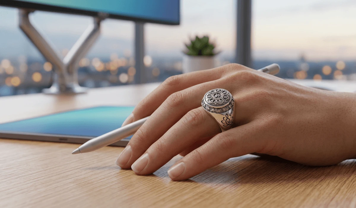 The Spiritual Meaning of Om Mani Padme Hum: A Syllable-by-Syllable Guide 2 - Buddha Bodhis Close-up of an engraved Om Mani Padme Hum silver ring on a hand, symbolizing spiritual protection and mindfulness in a modern setting.