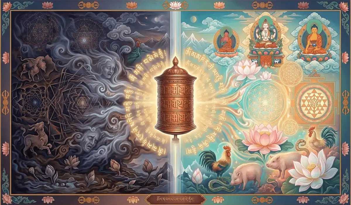 The Spiritual Meaning of Om Mani Padme Hum: A Syllable-by-Syllable Guide 4 - Buddha Bodhis A conceptual image showing the transformation of struggle into enlightenment through the spinning of a Tibetan prayer wheel and the Om Mani Padme Hum mantra.